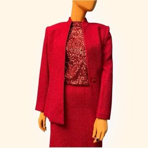 KASPER Red Sparkle Tweed Plaid Petite Jacket Blazer Skirt Suit